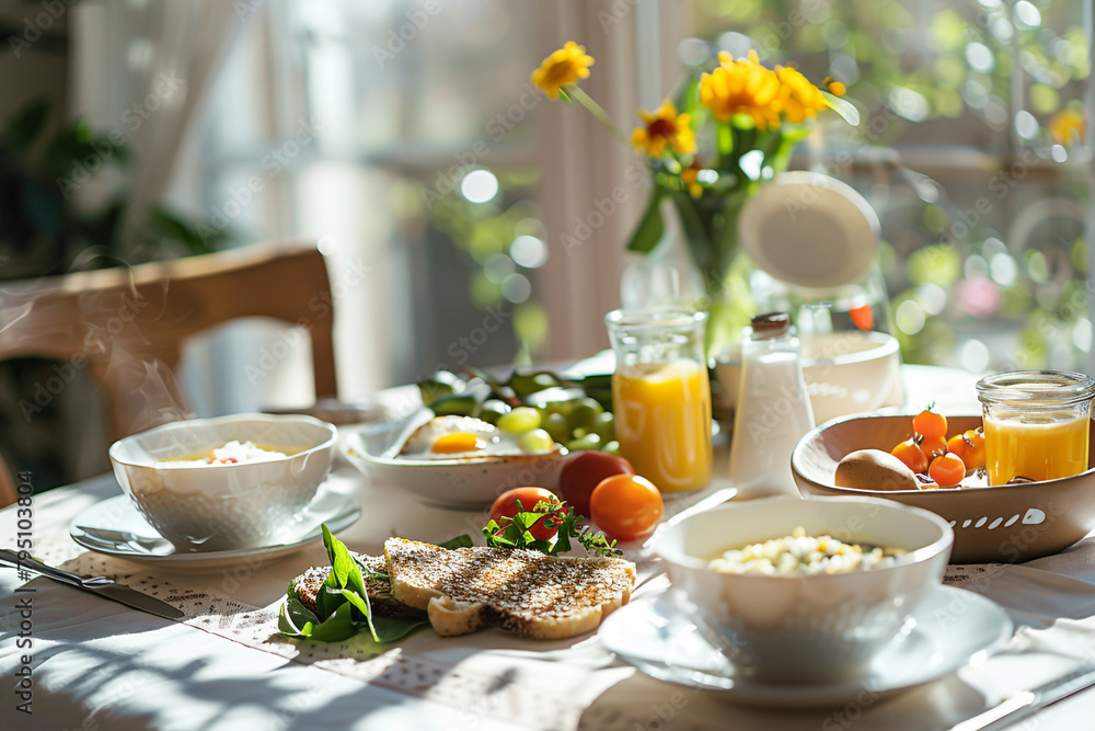 Healthy breakfast set on a bright table featuring organic ingredients