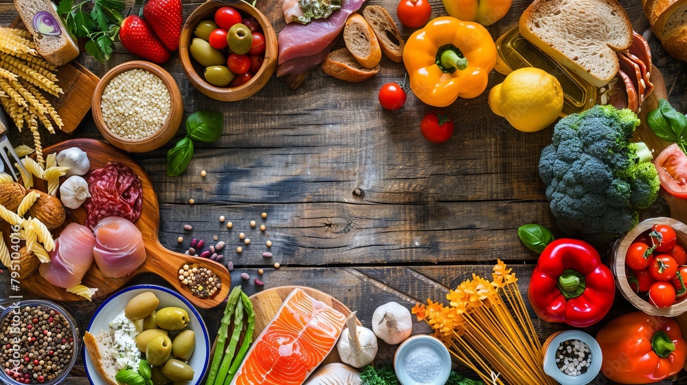 Balanced diet concept with a variety of food options Balanced diet concept with a variety of food options
