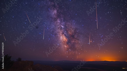 Night Sky: A photo of a meteor shower, with multiple shooting stars streaking across the sky