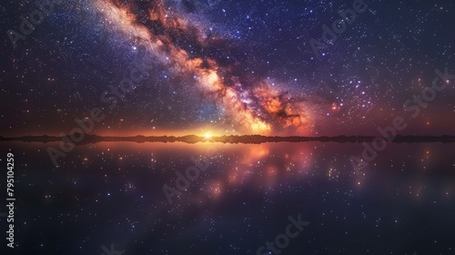 Night Sky: A photo of the night sky over a tranquil lake, with reflections of stars and the Milky Way