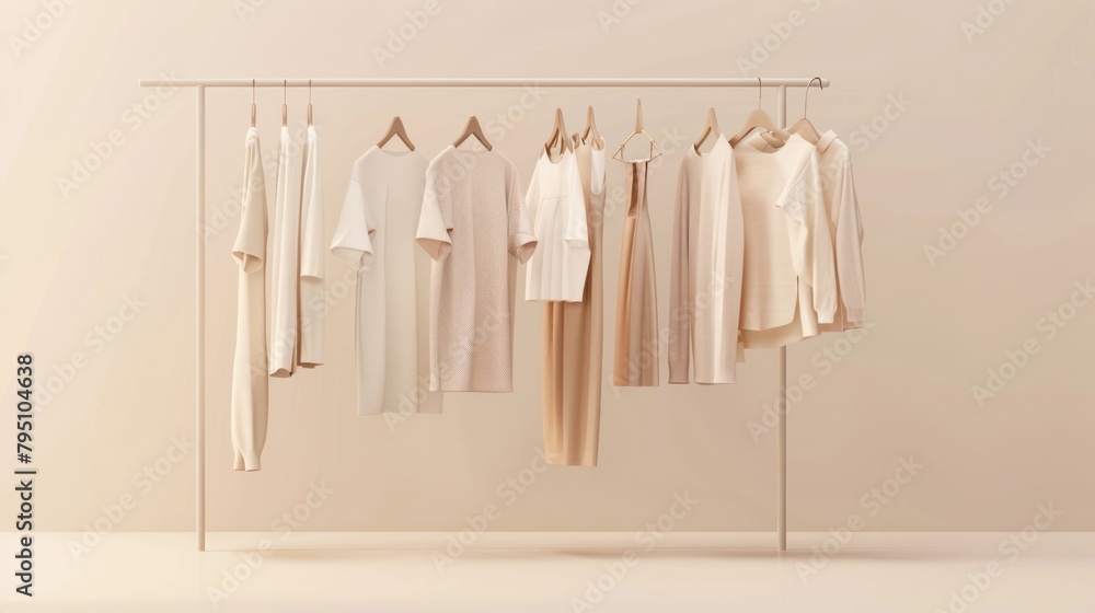Hanging clothes collection with cream natural color on beige background Hanging clothes collection with cream natural color on beige background