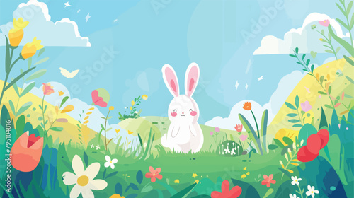 Happy Easter card with lettering and cute landscape.