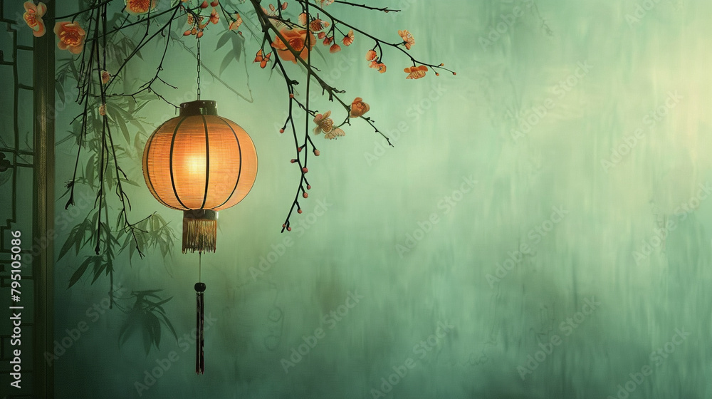 A traditional Chinese lantern hanging gracefully on one side, illuminating a serene background with soft hues.