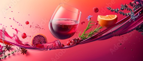 red wine splash with rosemary and wild beery. Banner with copy space photo