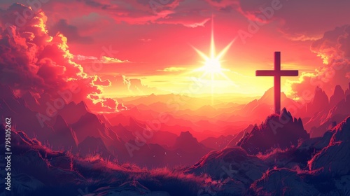 A cross is on top of a mountain with the sun setting behind it, AI