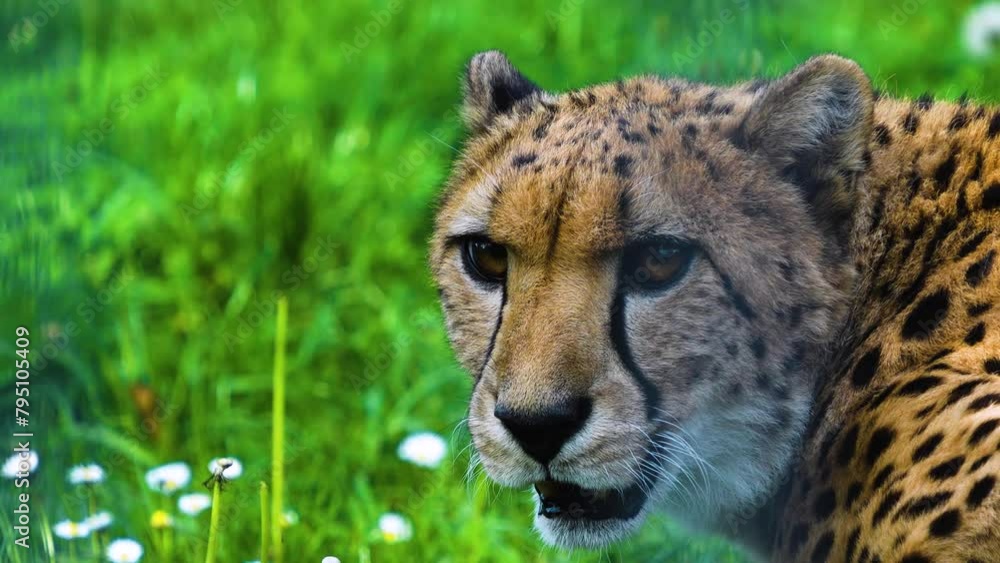 Close up of a cheetah sitting on a meadow and looking around. Close up of a cheetah sitting on a meadow and looking around.
