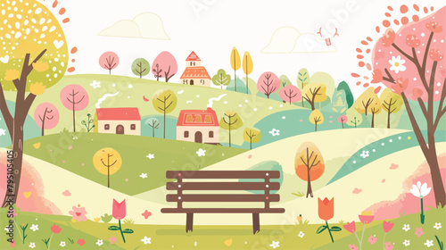 Fototapeta Naklejka Na Ścianę i Meble -  Happy Easter spring landscape with bench houses field