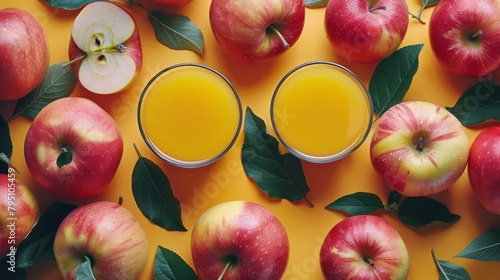 Two Glasses of Orange Juice Surrounded by Apples