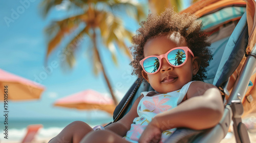 A small child in glasses rests in a stroller against the backdrop of a beach with palm trees. photo