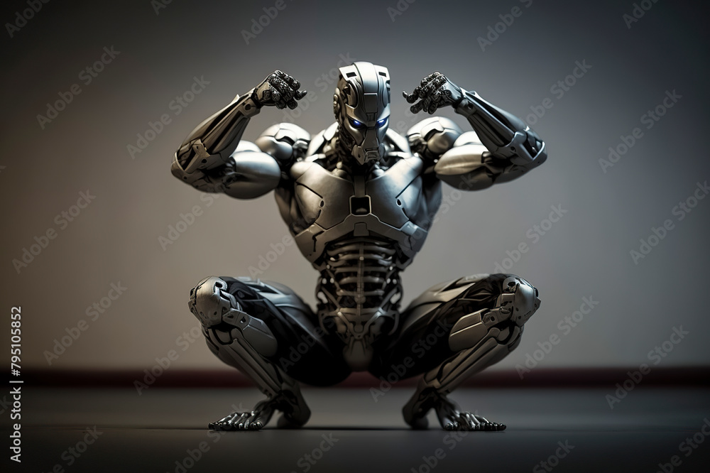 A muscular robot in a powerful pose, reflecting strength and advanced technology in a visually striking design A muscular robot in a powerful pose, reflecting strength and advanced technology in a visually striking design