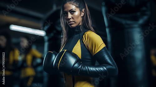 woman in a yellow and black outfit stands in front of a punching bag. She is wearing boxing gloves and she is a professional boxer photo