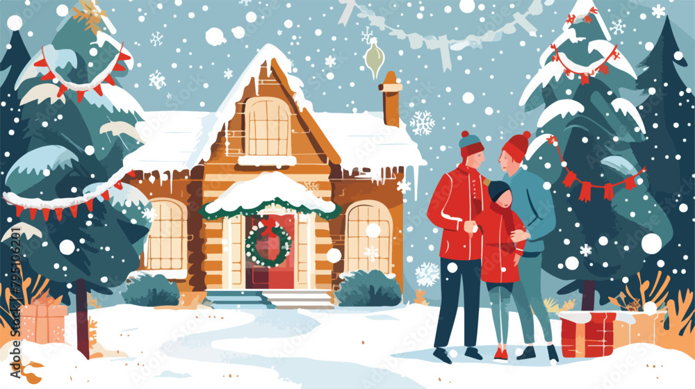 Happy family at christmas with a decorated house and