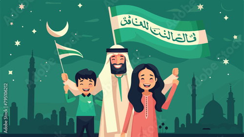 Happy family celebrating the Independence Day of Saud photo