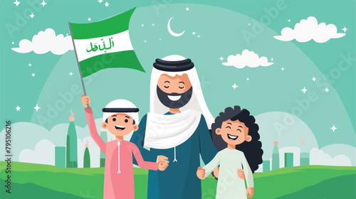 Happy family celebrating the Independence Day of Saud photo