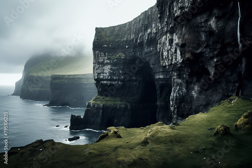 Majestic cliffs, greenery, misty ocean, nature's raw beauty, power, dramatic landscape, towering, awe-inspiring, serene, picturesque