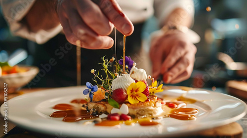A close-up shot of a chef meticulously garnishing a gourmet dessert with edible flowers and delicate drizzles of caramel sauce. photo