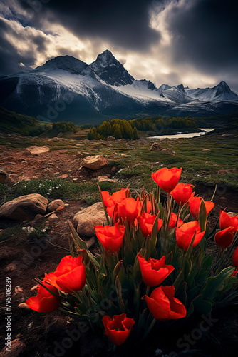 red flowers, rocky terrain, greenery, snowy mountains, and a cloudy sky, creating a dramatic natural contrast