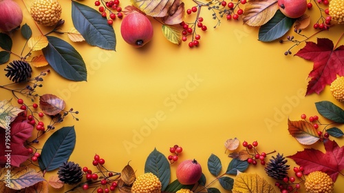 Yellow Background With Autumn Leaves and Berries