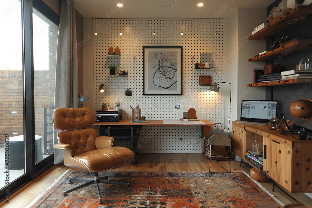 A modern home office with a pegboard accent wall for organization and