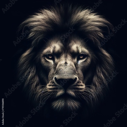 A violent lion portrait  with the rim light. The background is black