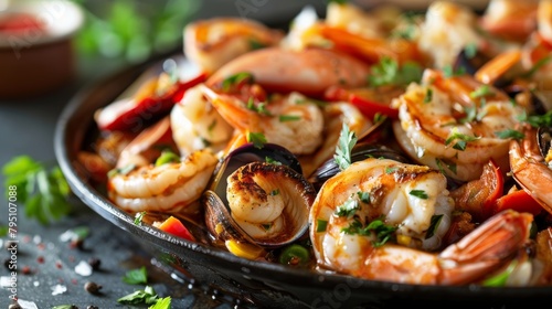 Close-up of a gourmet seafood dish with fresh, succulent ingredients and bold, vibrant flavors