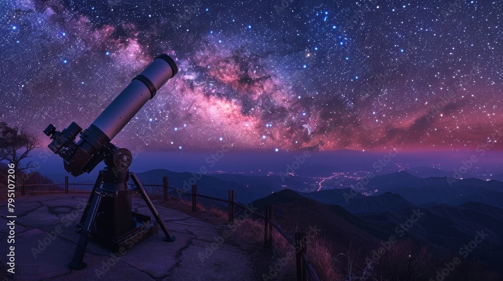 Telescope: A photo of a telescope on a mountaintop observatory,