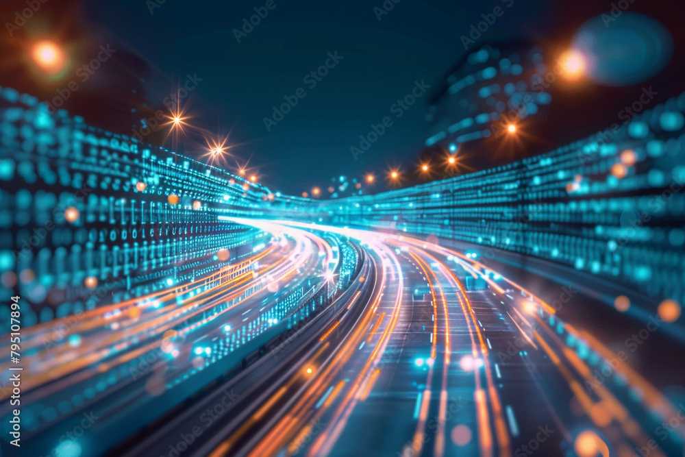 High speed data highway with flowing streams of light representing information High speed data highway with flowing streams of light representing information