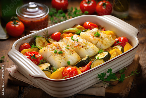 Delicious baked codfish with vegetables