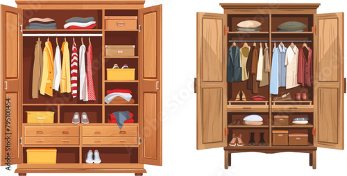 Wardrobes with clothes and shoes, packaging boxes