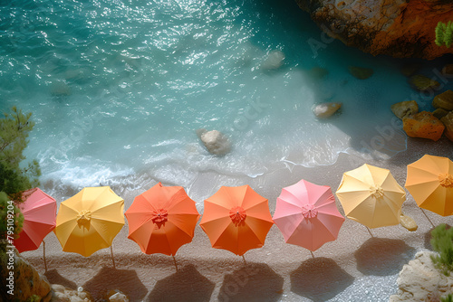 Top view of colorful beach umbrellas along the seaside. Aerial summer vacation concept for travel and holiday design