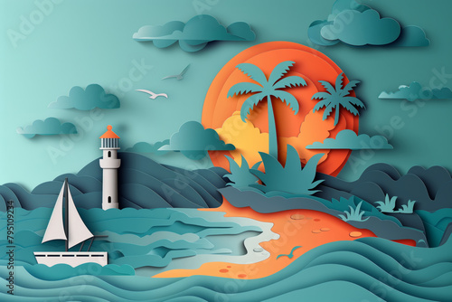 Paper cut of a lighthouse and sailboat, sea voyage or vacation concept
