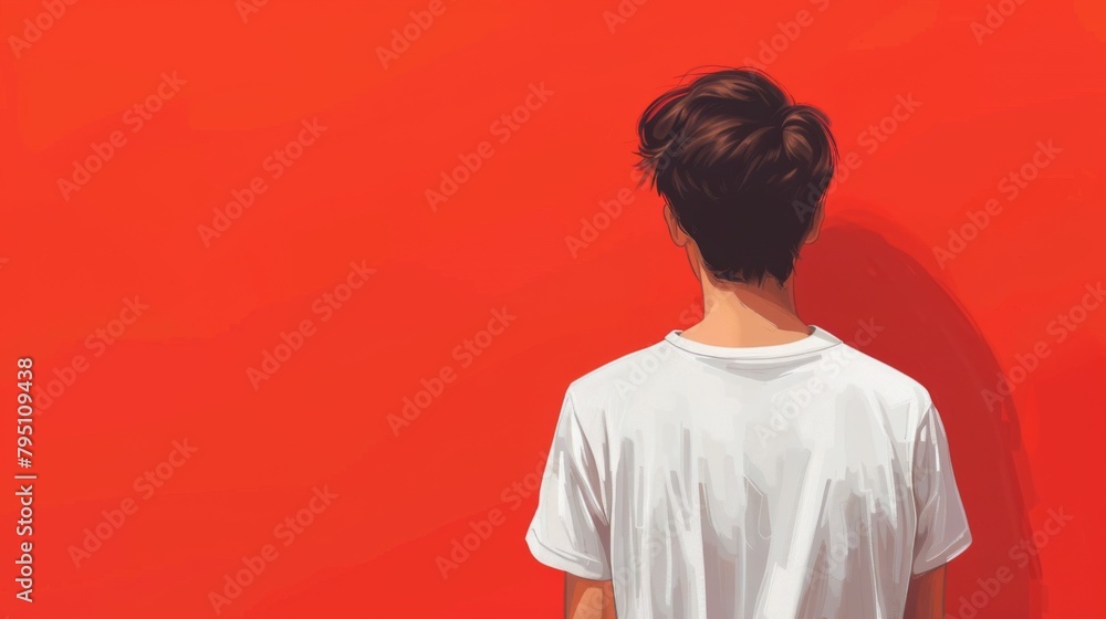 A man in a white shirt standing against an orange wall, AI A man in a white shirt standing against an orange wall, AI