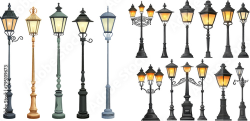 Vector retro street lamp lights set isolated