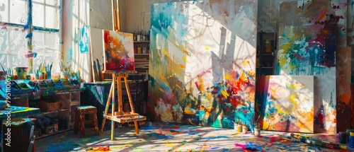 artist atelie in large study messy environment, painting utensils, colorful colors, brushes tools for creators
 photo
