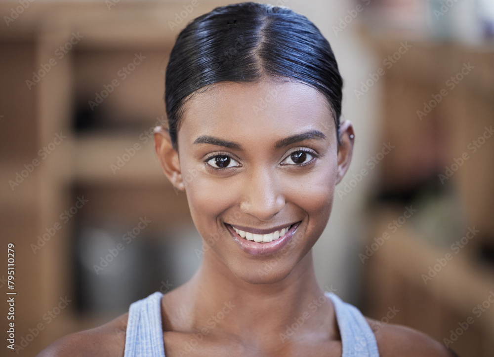 Face, Indian woman and fitness with smile in gym for exercise, strong body and health with runner. Female athlete, happiness and portrait with in wellness club for sports training, workout and joy - obrazy, fototapety, plakaty 