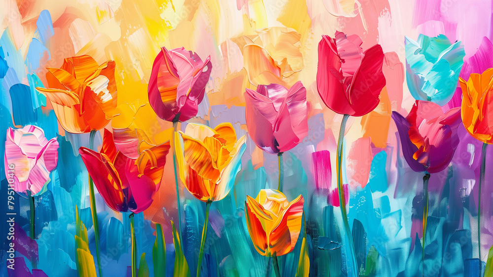 Colorful tulip flowers on the background of a watercolor painting