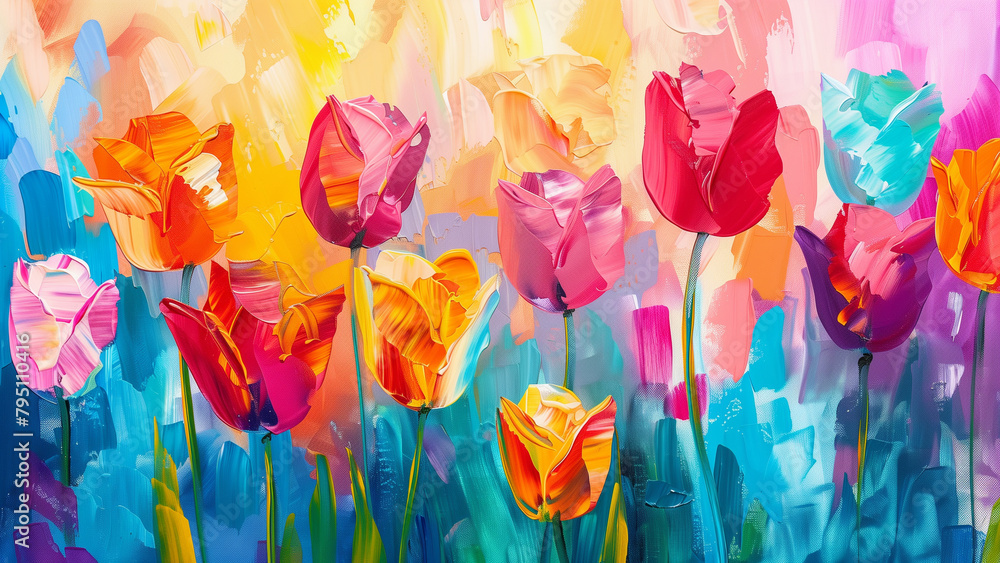 Colorful tulip flowers on the background of a watercolor painting Colorful tulip flowers on the background of a watercolor painting