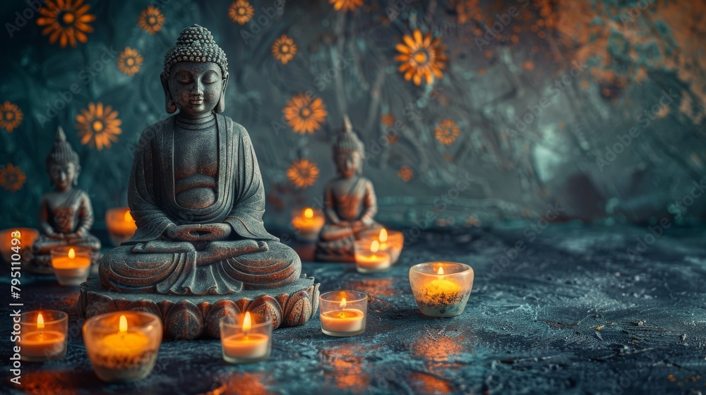 Buddha Statue Sitting in Front of Lanterns Buddha Statue Sitting in Front of Lanterns