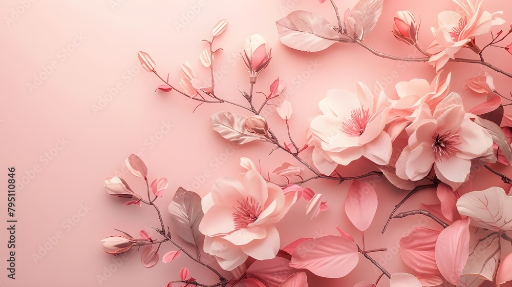 Pink cherry blossoms on pink background, pink fabric, pink flowers on soft fabric, pink dried flowers