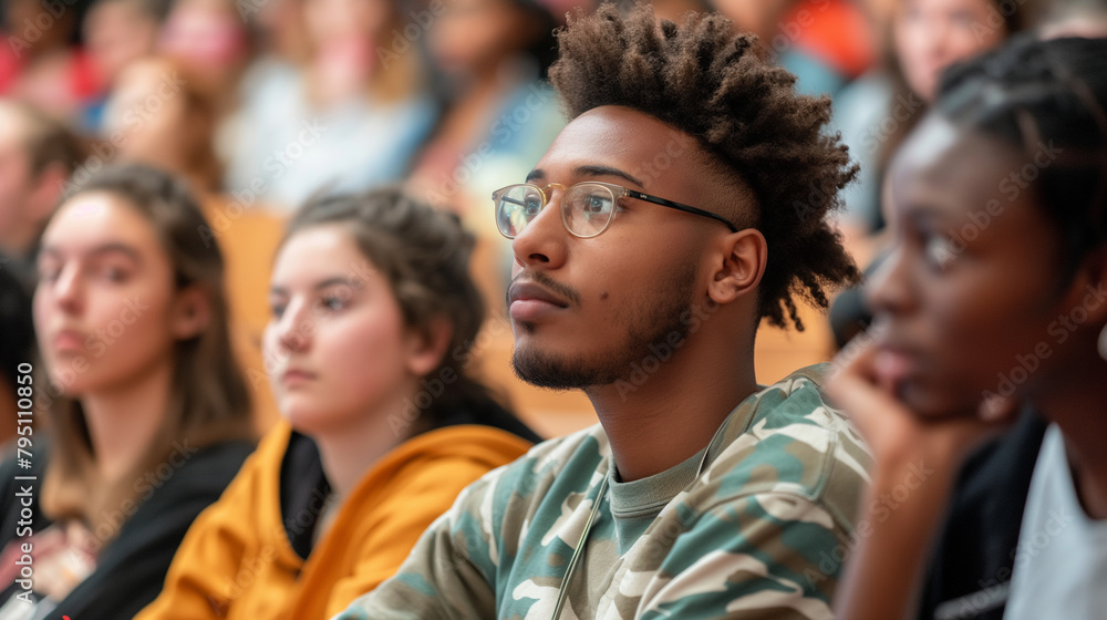 Group of students attending a lecture series on interdisciplinary topics related to their majors. Knowledge, study, friendship, respect for each other, education Group of students attending a lecture series on interdisciplinary topics related to their majors. Knowledge, study, friendship, respect for each other, education