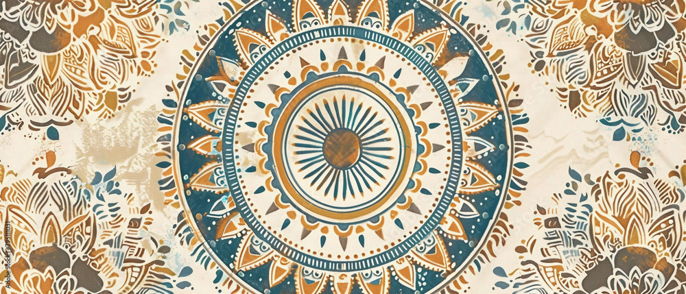 Intricate mandala design with bohemian flair in earthy colors, version 6, style number 00167, round layout.