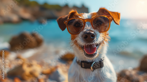 Jack russell terrier dog wearing sunglasses on the beach.
