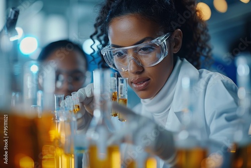 A woman scientist carefully pipetting a liquid into test tubes amid laboratory glassware Accuracy, science, lab work photo