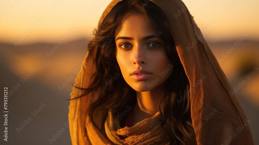 A young beautiful Bedouin woman welcoming the dawn in her desert camp. A young beautiful Bedouin woman welcoming the dawn in her desert camp.