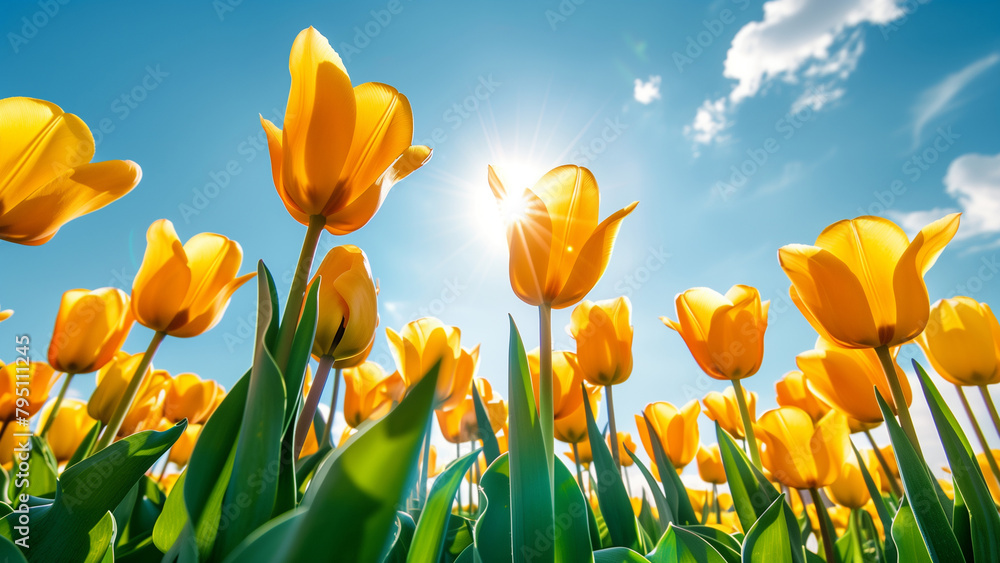 Obraz premium Yellow tulips on blue sky background. Beautiful field of yellow tulips.