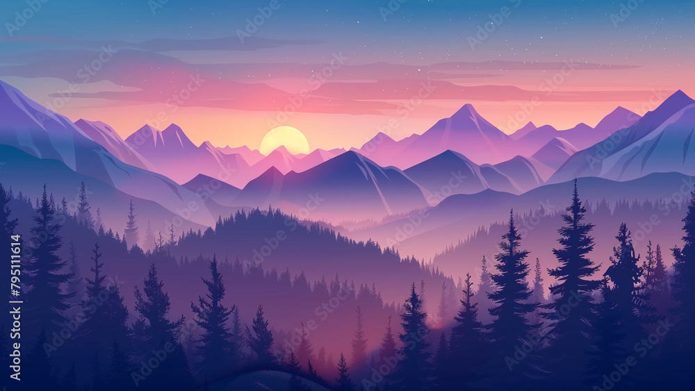 Landscape with mountains and forest. Sunrise in the mountains. Vector illustration.