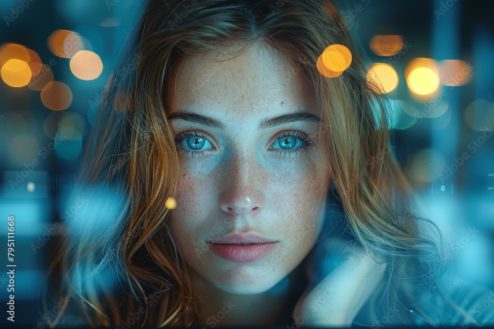 A tranquil young woman's face is framed by scattered bokeh lights, creating an ethereal effect