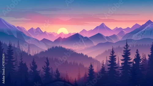 Landscape with mountains and forest. Sunrise in the mountains. Vector illustration.