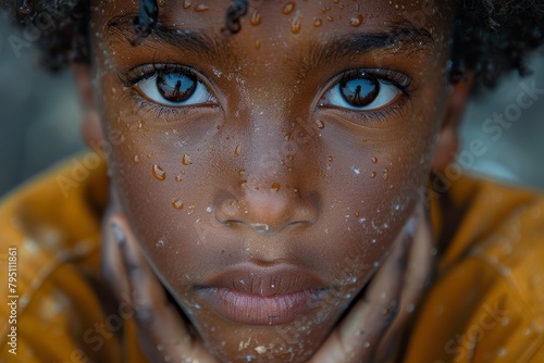 A striking close-up of a young child with vibrant blue eyes and water droplets on their skin, conveying purity photo