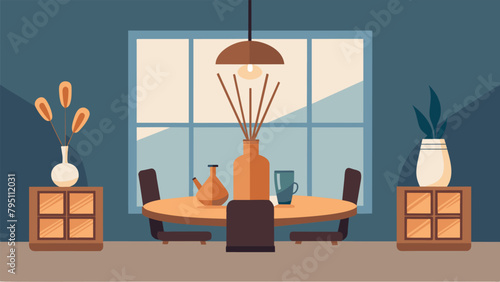 A rustic dining room with a decorative reed diffuser releasing the subtle scent of vanilla and sandalwood enhancing the dining experience..